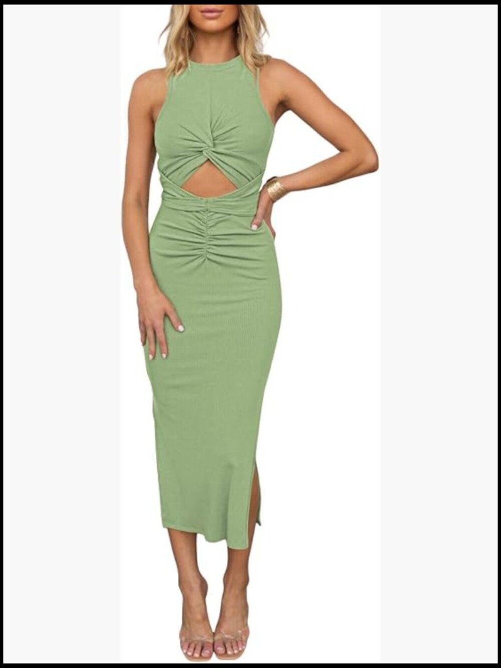 Sleeveless Cut Out Bodycon Dress Crisscross Twist Ruched Slit Ribbed Knit Midi